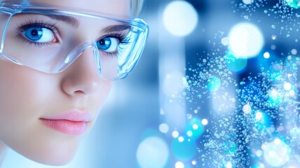 Futuristic female scientist, piercing blue eyes behind safety goggles, abstract blue light particles. Ideal for science, technology, innovation, or research visuals.