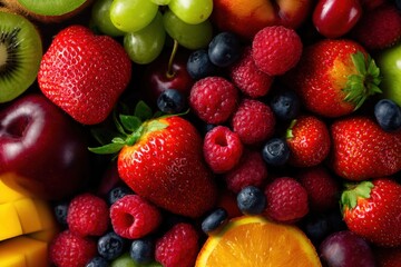 Obraz premium A vibrant mix of fresh fruits, including strawberries, raspberries, blueberries, and kiwi.