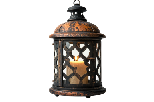 Lit candle in metal lantern