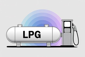 Cartoonish LPG storage tank sits near a gas pump under colorful spectrum arches