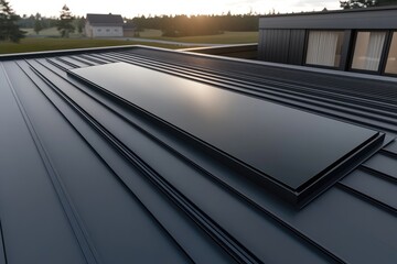 Obraz premium Dark gray metal roof with a large skylight. Modern home rooftop with a flat skylight. Sunlight reflecting on the glass. Rural landscape in background