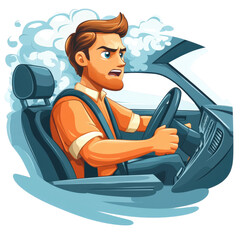 Road Rage Cartoon: A frustrated cartoon man behind the wheel of a car clenches his fist in anger, surrounded by a swirling cloud of steam.