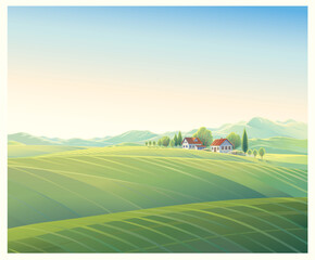 Rural summer landscape with village, and hills. Vector illustration.