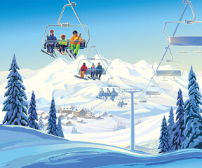 Winter mountain landscape with ski resort, people riding ski lift to the top of ski slope to go skiing. Vector illustration
