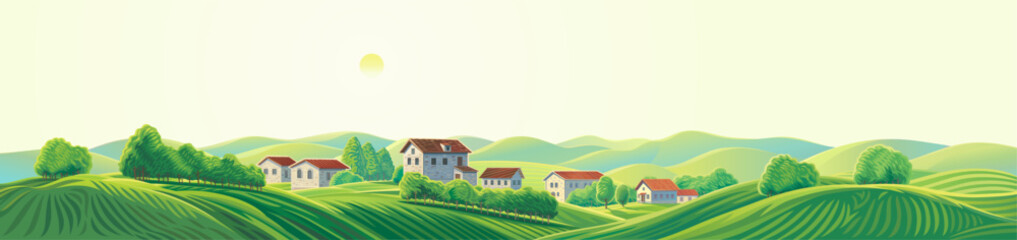 Summer rural landscape, with hills and agriculture fields and gardens, and village houses, on top of a hill. Vector illustration.