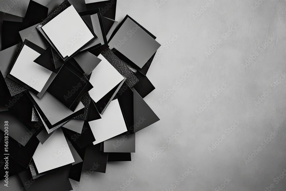 Poster abstract grayscale composition of various squares and rectangles, layered and clustered together, ag