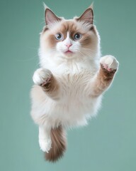 Fototapeta premium Ragdoll cat reaching up studio shot from below cute blue eyes fluffy paws curious expression green background pet photography