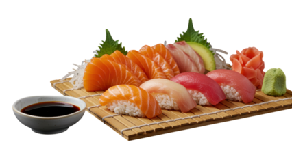 Diverse selection of sushi and sashimi, arranged attractively on a bamboo serving tray.  isolated on transparent png