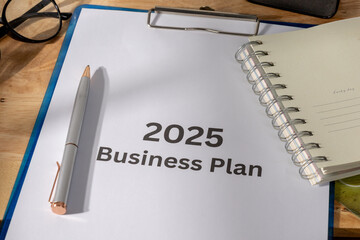 A professional clipboard displaying a neatly formatted business strategy for the year 2025.

