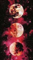 Fototapeta premium Three Blood Moons Aligned Against Starry Nebula Backdrop Vertical Composition Space Art Illustration