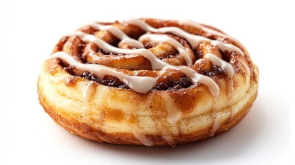 A single cinnamon roll with icing, on a solid white background