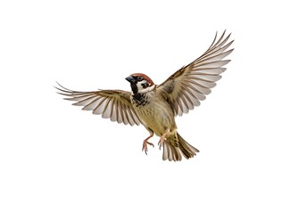 Obraz premium Tree Sparrow Bird in Flight Wings Spread Nature Wildlife Photography Sky Air Cute Free White Small
