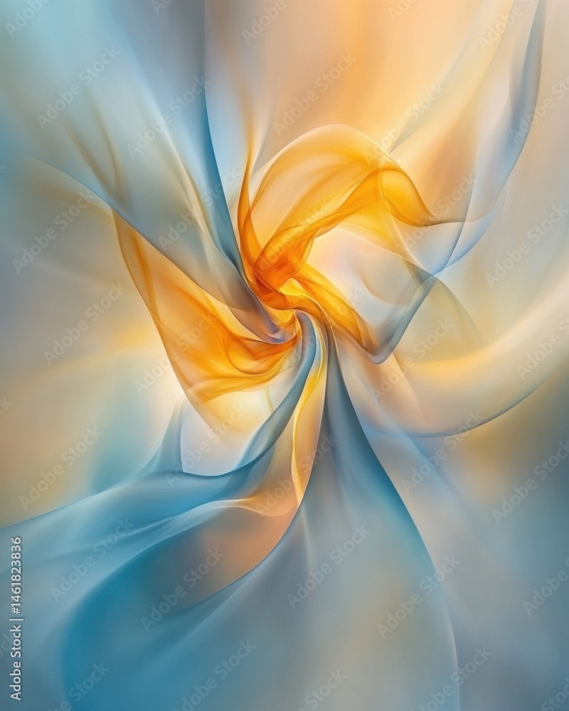 Poster abstract swirling fabric in motion with orange and blue hues creating a dynamic and ethereal design 