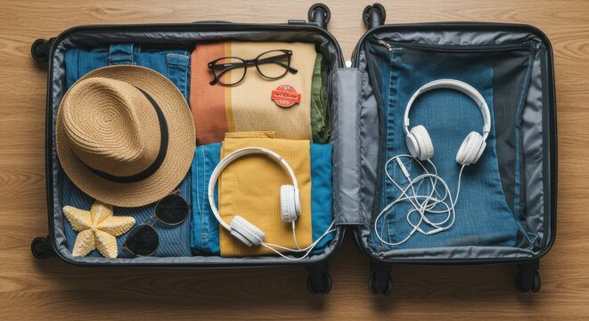 Overhead shot of an open suitcase packed with clothes accessories and headphones on a wooden surface