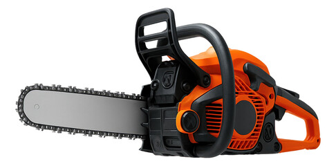 Fototapeta premium Orange and black chainsaw with a metal guide bar and chain, featuring a protective hand guard and ergonomic handle.