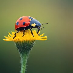 Fototapeta premium A ladybug perched on a vibrant yellow flower against a soft green background.