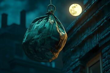 A large, textured sack hangs suspended in the night.