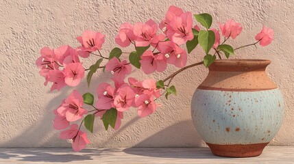 Pink Bougainvillea in Rustic Earthenware Vase