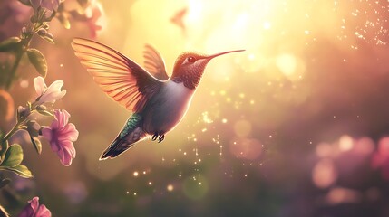 Obraz premium An ethereal hummingbird glows under the soft morning light, anime fantasy