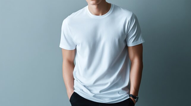 a man standing against a plain background. he is dressed in casual attire, with a plain white t shirt and dark pants