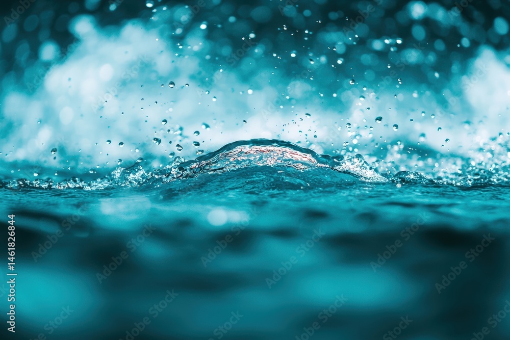 Poster water splashing creating a wave with droplets and bokeh effect