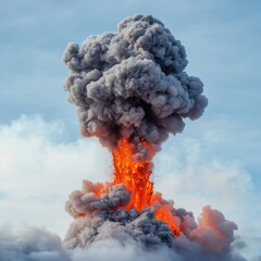 Explosive volcanic eruption with thick smoke and fiery lava bursting through clouds.