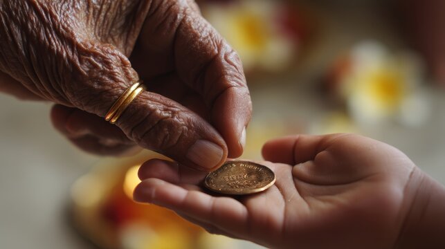 Close-Up of Elderly Hand Giving Coin to Child Symbolizing Legacy, Generosity, and Generational Bond