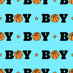 "Boy" text seamless pattern. Blue background. Design for boys, children, men