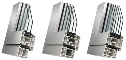 Three cross-sections of multi-layered, insulated window frames with aluminum and PVC construction.