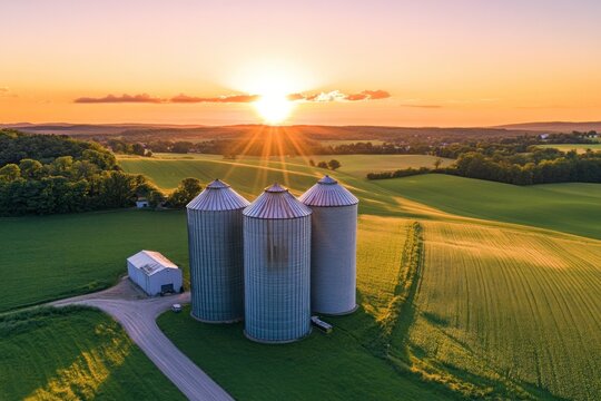Tranquil evening rural scene with silos and farmland, aerial perspective, sunset glow