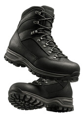 Black leather hiking boots with rugged soles and metal eyelets for laces, designed for durability and outdoor use.