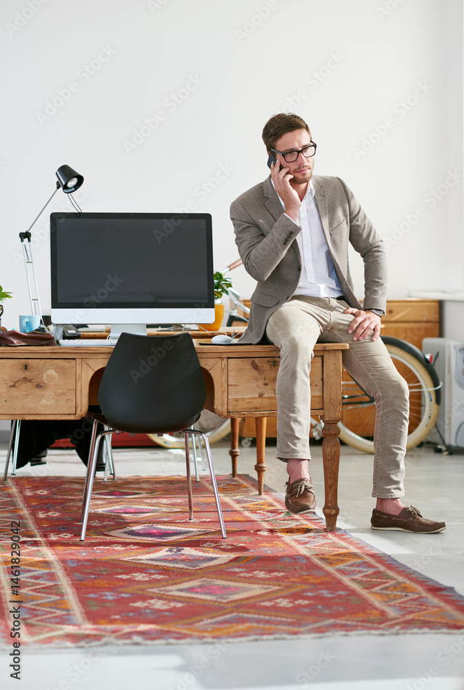 Poster serious, business and man with phone in office for communication, information and computer screen or