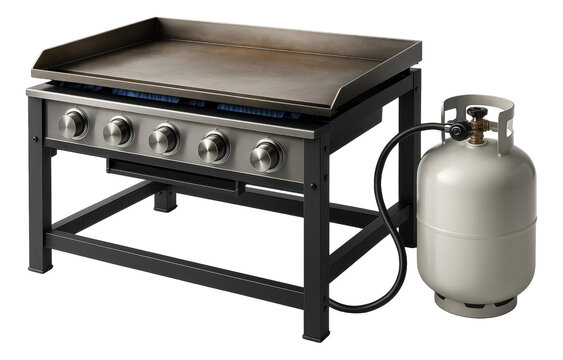 Outdoor propane gas griddle with four control knobs and a connected gas tank.
