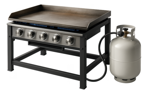 Outdoor propane gas griddle with four control knobs and a connected gas tank.