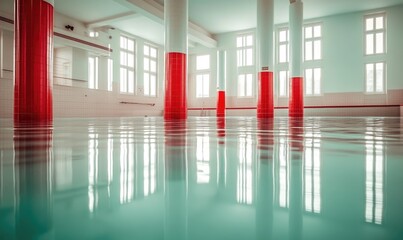 Interior view of a large, reflective pool area with supporting columns