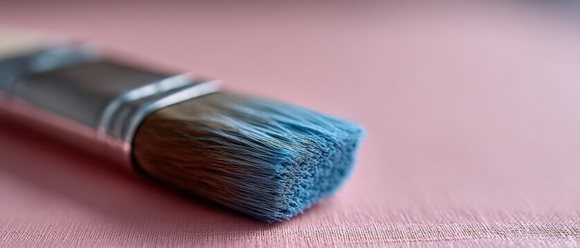 A close-up of a paintbrush with blue bristles, poised to create art on a pink canvas.