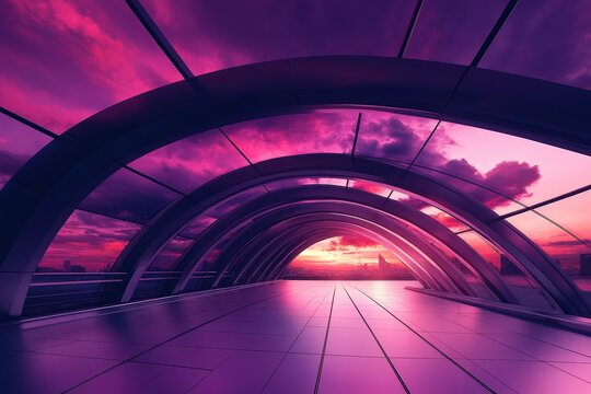 Futuristic architectural tunnel at sunset with vibrant colors.