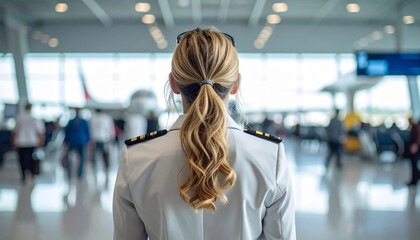 Female pilot at an airport watching over the terminal security checkpoint in the background