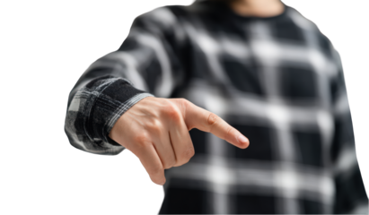 Closeup hand gesture pointing downward man sign body on transparent background