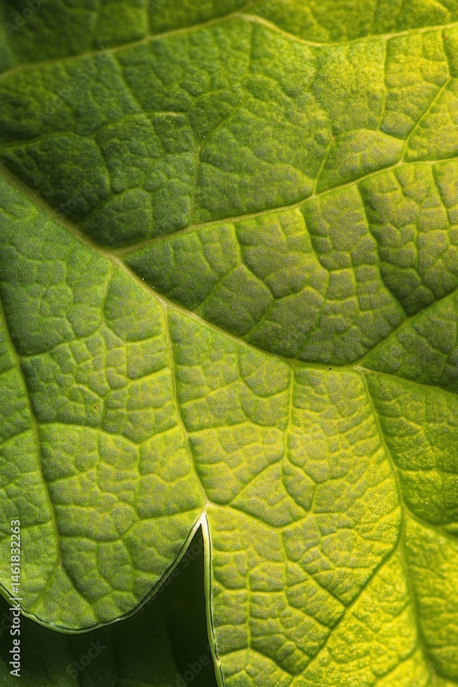 Poster macro shot of a vibrant green leaf showcasing intricate vein patterns and cellular texture in natura