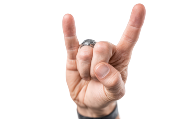 Closeup male hand showing rock n roll sign gesture man on transparent background