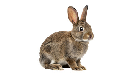 Fototapeta premium Alert European Rabbit Sitting Upright Ears Soft Brown Coat Isolated White Wild Animal Nature Study