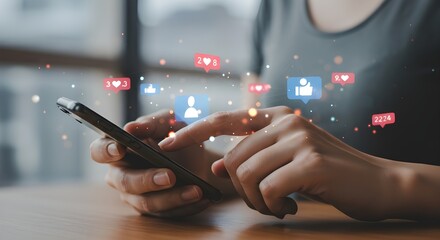 Concepto de redes sociales y tecnología digital en línea: una mujer usa un teléfono inteligente y muestra un ícono tecnológico.