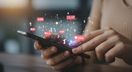 Concepto de redes sociales y tecnología digital en línea: una mujer usa un teléfono inteligente y muestra un ícono tecnológico.
