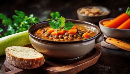 Linsensuppe mit Karotten, Sellerie und Brot in Bowl serviert