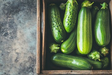 Freshly harvested zucchini in a wooden crate