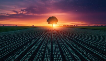 Sunset over a field of rows, a solitary tree in the center, digital pattern on the ground