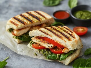 Delicious chicken panini with pesto and tomato halves on parchment paper studio shot close up food photography