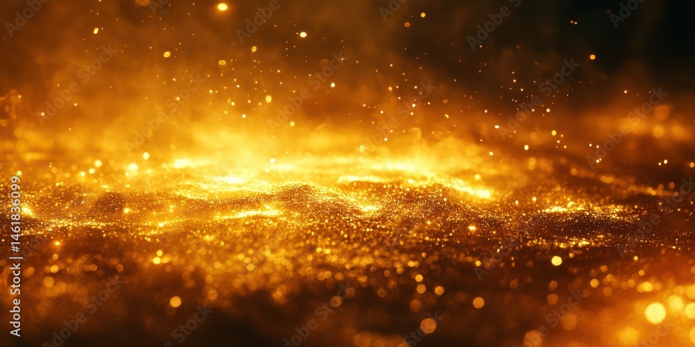 Poster glowing golden particles create a mesmerizing landscape of light and texture, evoking warmth and ene