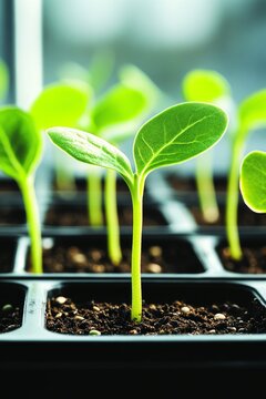 Bright green seedlings emerge from black trays filled with rich soil, representing the start of the organic farming journey in a nurturing indoor environment